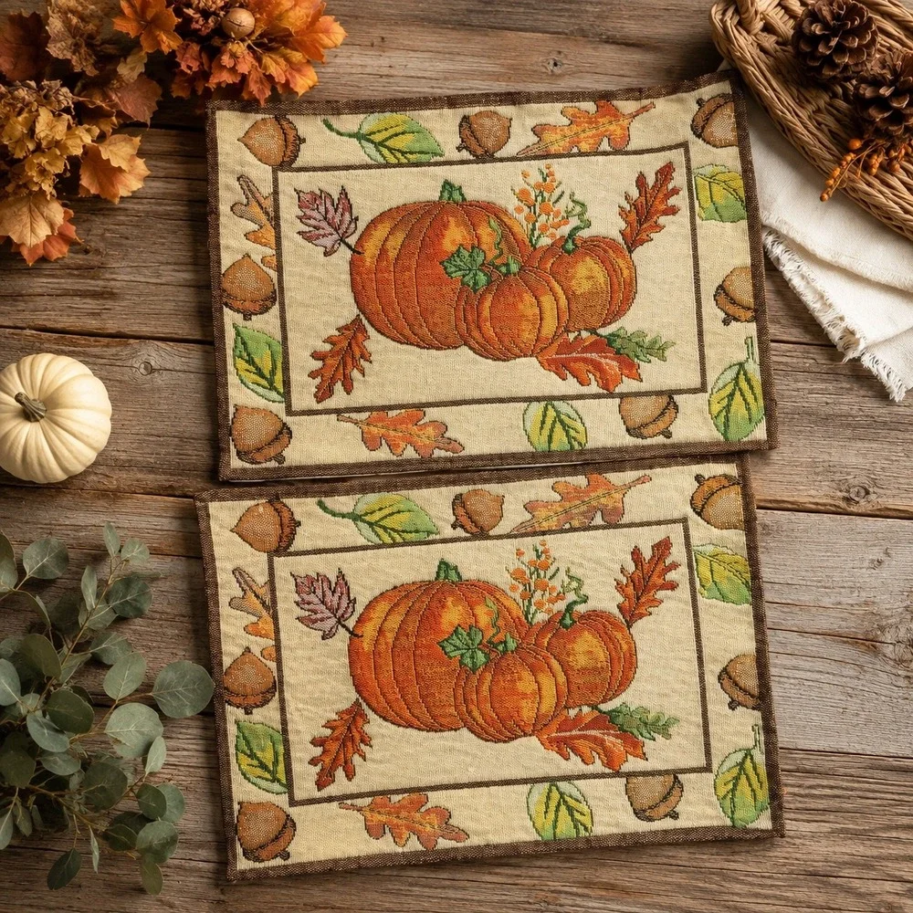 Set of 2 Autumn Pumpkin Tapestry Placemats Fall Harvest Thanksgiving Decor